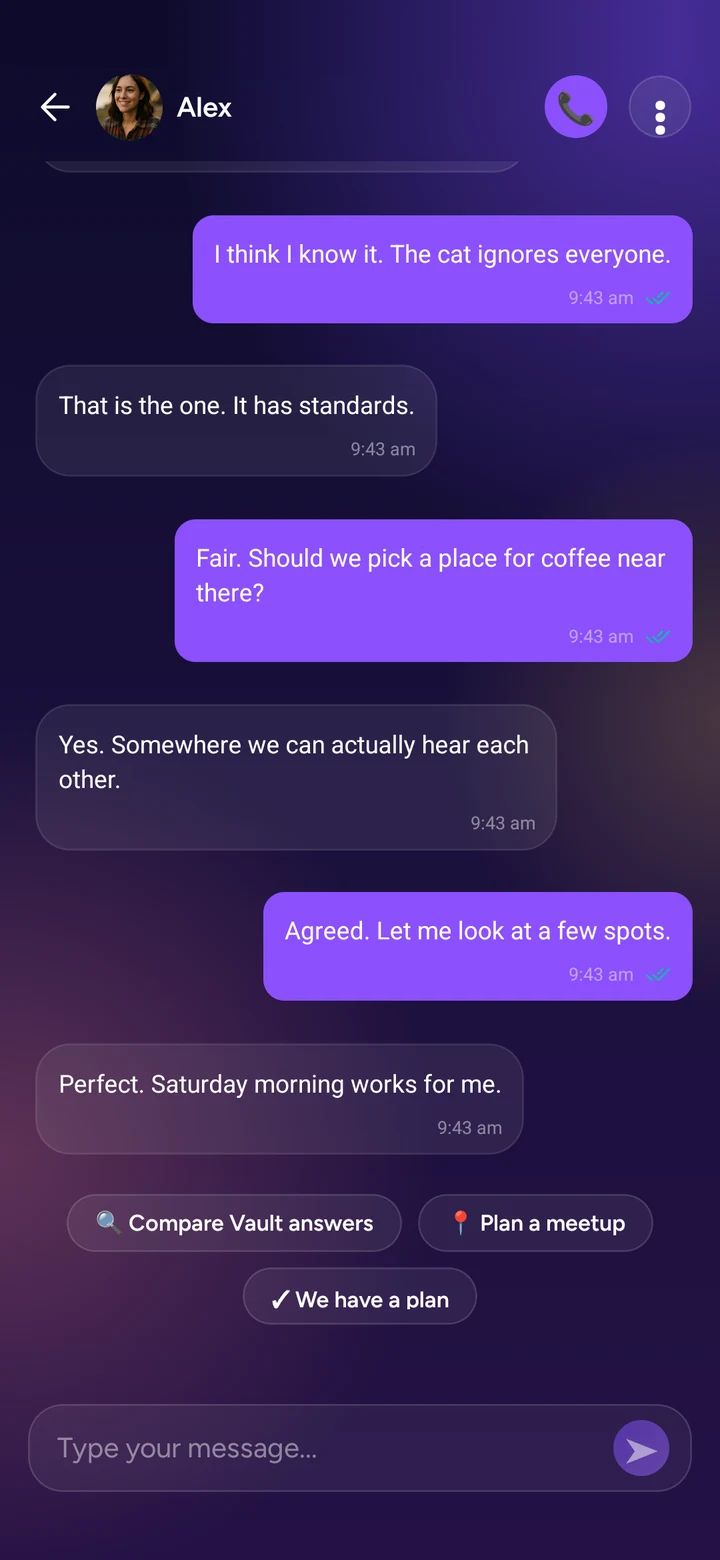 A Curiouzz conversation between Sam and Alex, with the call button at the top and Plan a meetup below the messages.