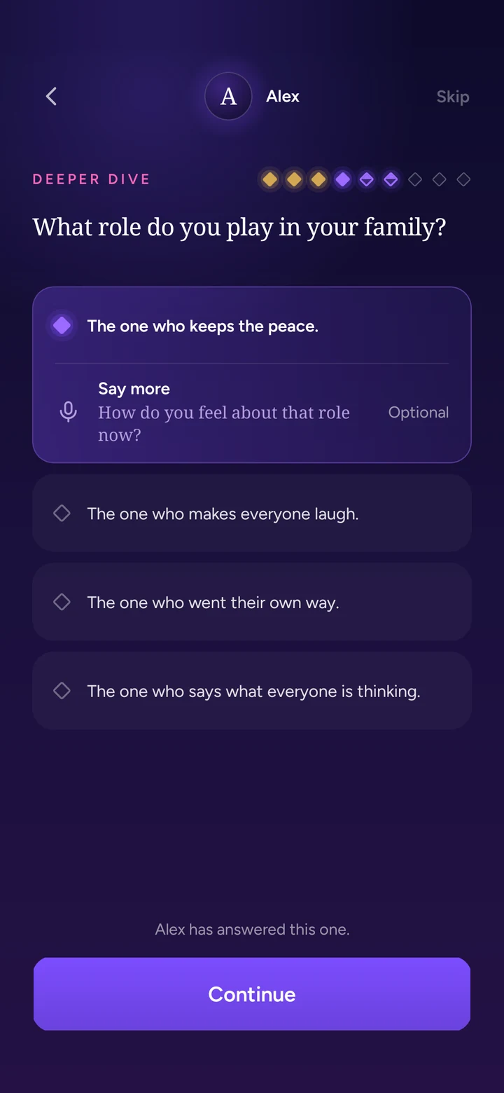 A Deeper Dive question in the Vault, 4 of 9, with four answers and an optional voice note to say more.