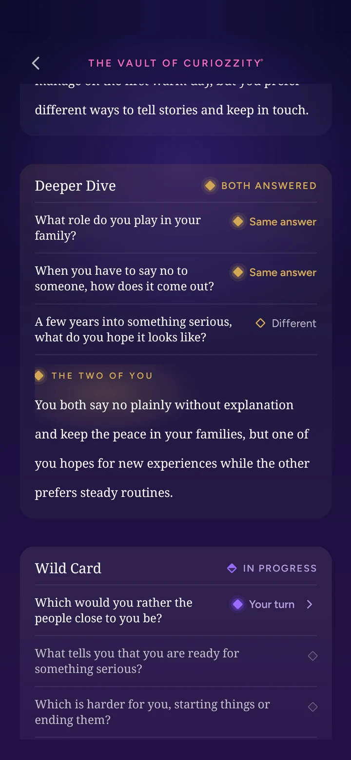 The Vault side by side: for each question, the same answer or a different one, and a short line about the two of you.